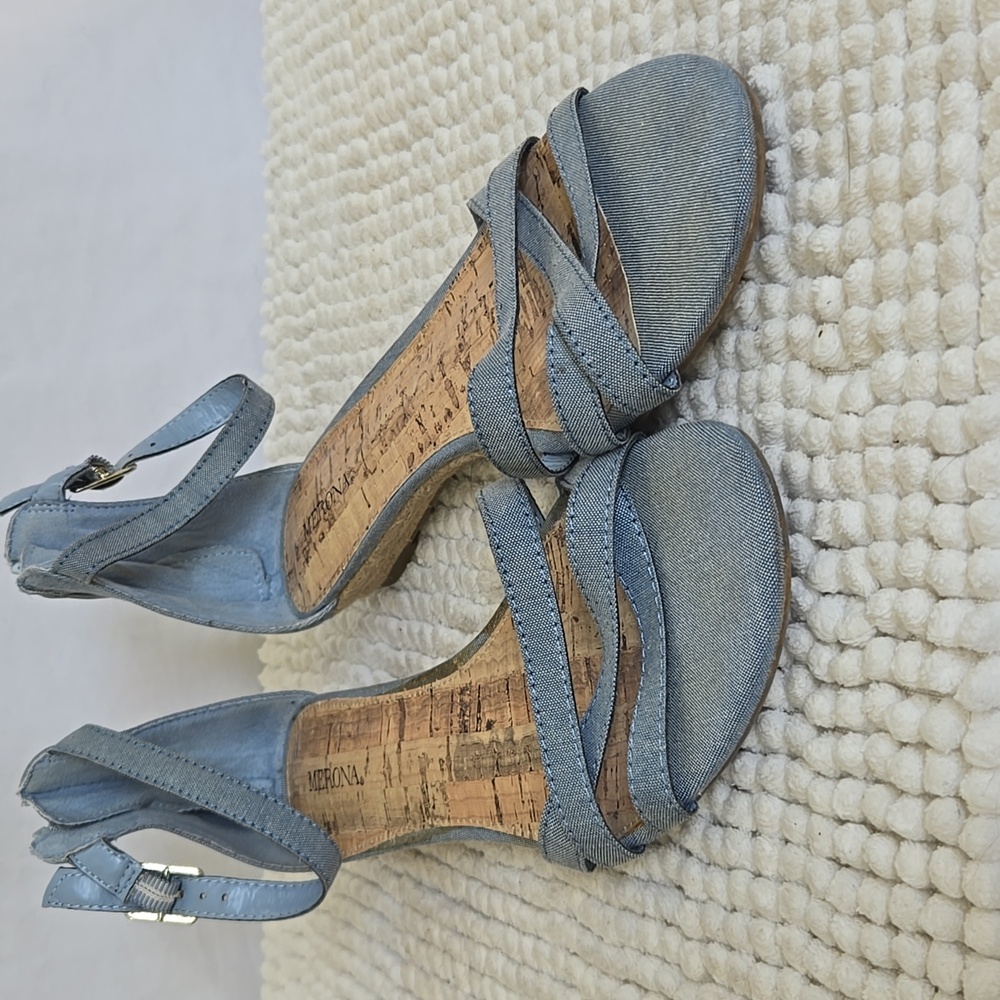 Merona Espadrille Blue Ankle Strap Mini Wedge Flat Sandal Size 7.5